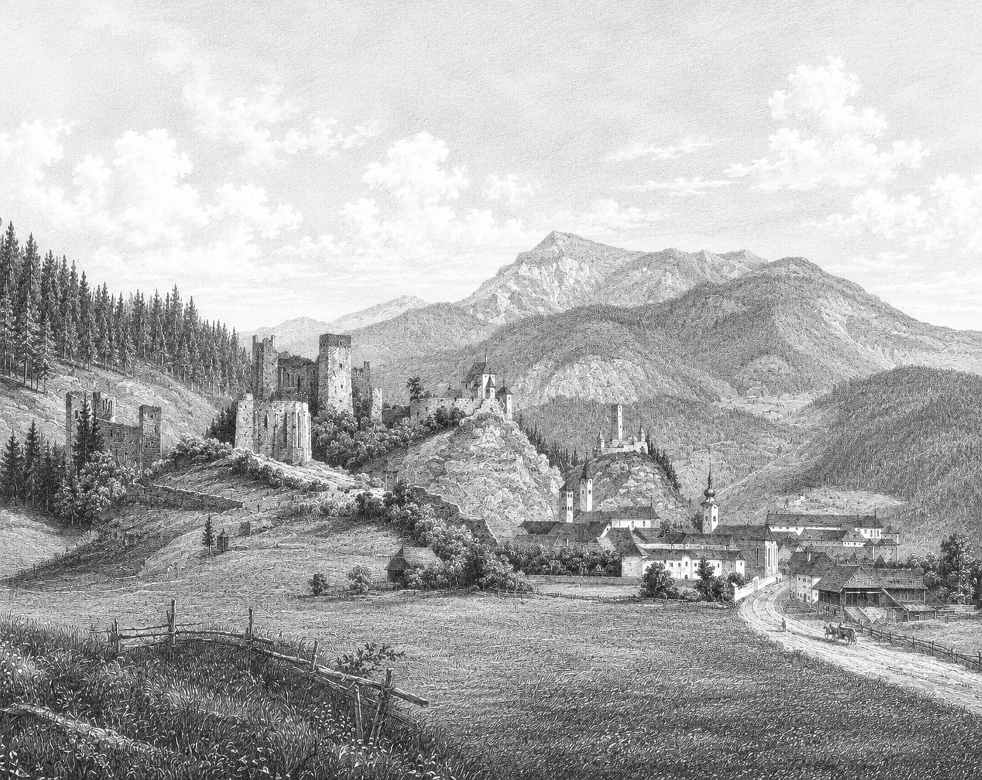 Historical structures of Friesach (viewed from the south) | Sketch