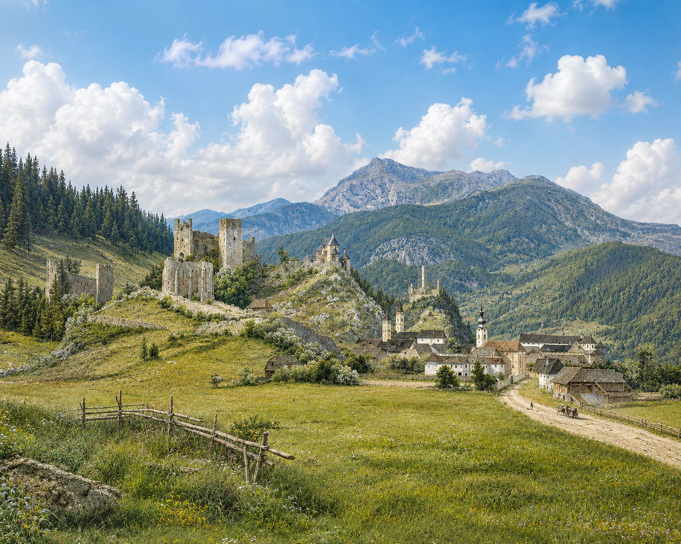 Historical structures of Friesach (viewed from the south) | Interpretative illustration
