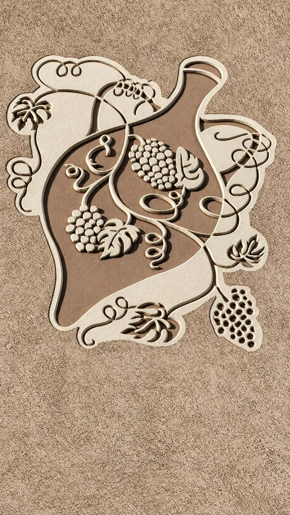 Modelliertes Stuckrelief mit Darstellung einer Weinamphore, geschwungener Ranken, Blättern und Traubenrispen